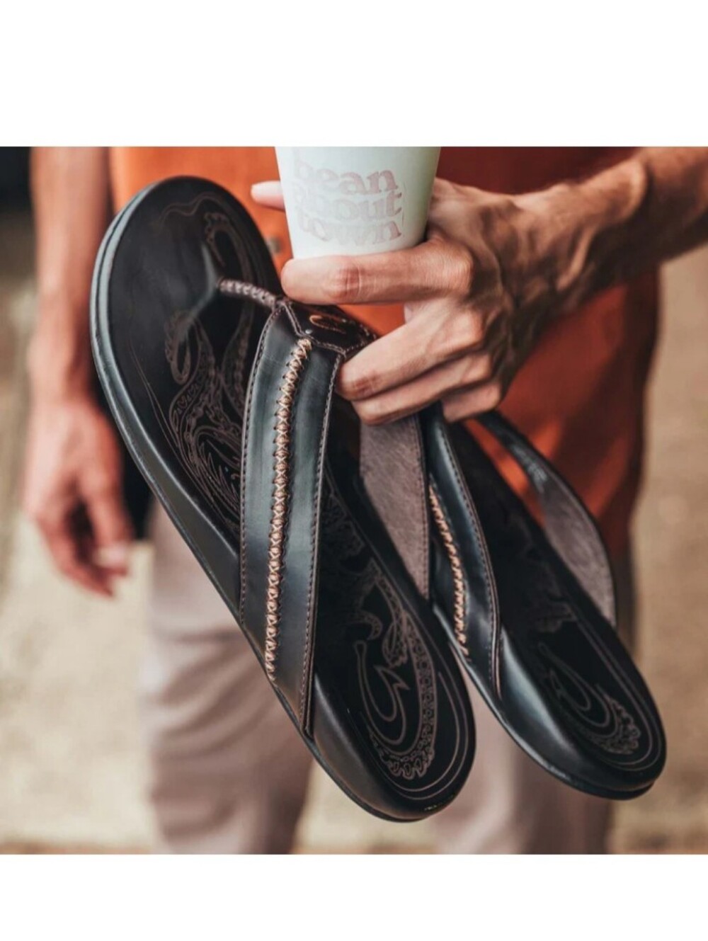 Men's Black Leather Flip Flops with Contrast Stitching Size 10